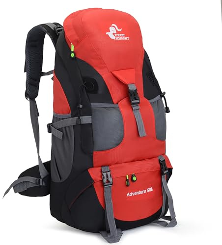 Bseash 50L Leichter wasserfester Wanderrucksack, Outdoor Sport Tagesrucksack Multifunktions Reisetasche für Klettern Camping Reisen (Rot – Ohne Schuhfach)