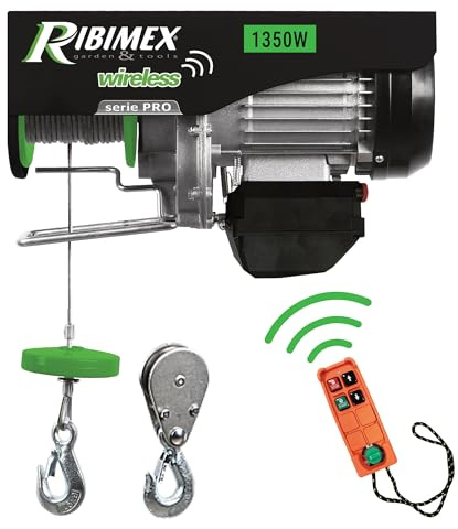 Ribimex Paranco Elettrico Telecomandato da 400/800 Kg con Puleggia e Fune in Acciaio Intrecciato, Motore Monofase e Comando Wireless - PE400/800T