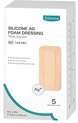Dimora Silicone Foam Dressing Silver Ag 4x 8 Adhesive Absorbent First Aid Bandage for Wound Care Pads 5 Packs
