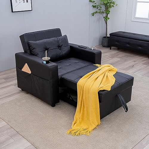 Panana Sofa Bed, 3 in 1 Single Armchair Recliner, Pull Out Sleeper with Drinks Cup Holder and Built-in USB Ports For Lving Room Bedroom Lounge (Black Faux Leather)
