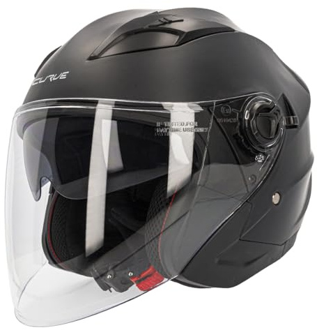 Casco Moto Jet Curve Mercury Negro Mate, Material ABS, Visor Solar Ahumado, Cierre micrométrico, Adultos, Hombre y Mujer, ECE 22.06 (L)