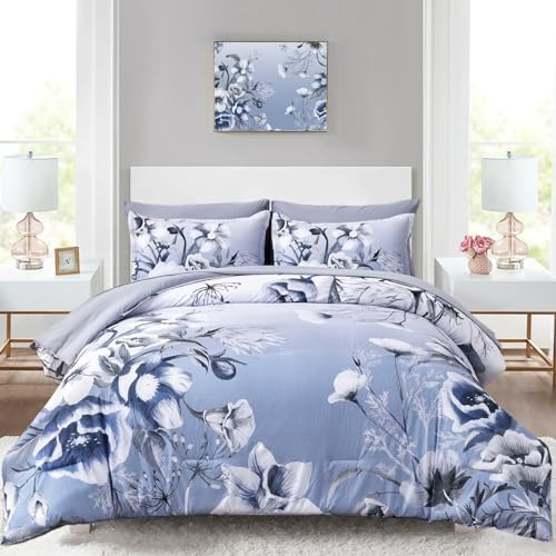 Luxudecor Floral Comforter Set King Size 7 Piece, Blue Flower Bed in a Bag, Elegant Gradient Floral Comforter with Sheet Set, Soft Seersucker Microfiber Bedding Set for All Season (Blue, 104x90)