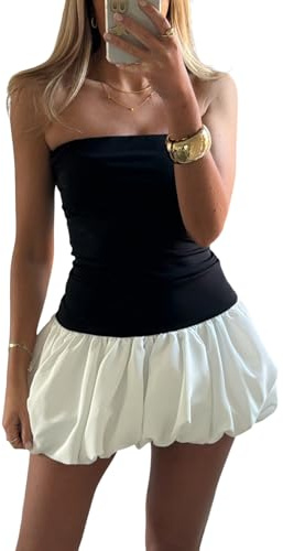 Edhomenn Women Strapless Mini Dress - Solid Color Puff Bubble Party Y2k Summer Tube Streetwear (02 Black, S)