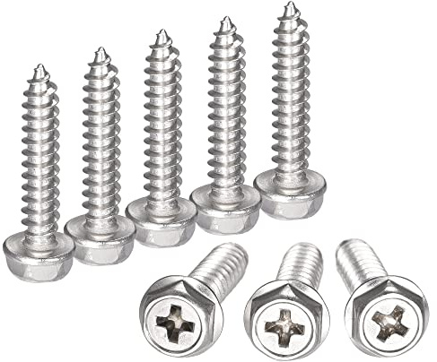 sourcing map Phillips Hex Washer Self Tapping Screws, M5 x 25mm 304 Stainless Steel Hex Flange Sheet Metal Screw 10pcs