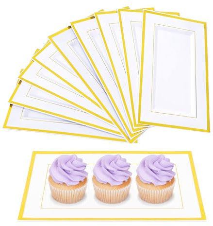 NAMYEUT Lot de 10 Plateaux de Service Rectangulaires en Plastique Avec bord doré, 33 x 20 x 1,5 cm, Réutilisables, blanc, Presentoir Aperitif Buffet, Fruits, à Gâteaux Snacks, Biscuits