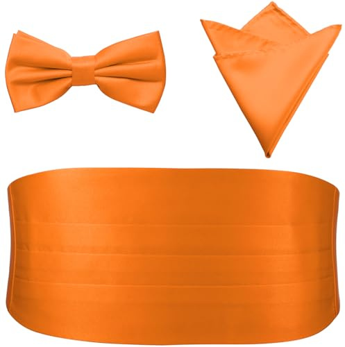 PenSee Mens Formal Solid Pre-tied Bow Tie & Pocket Square & Cummerbund Set Tuxedo Bow Ties for Men Orange Medium