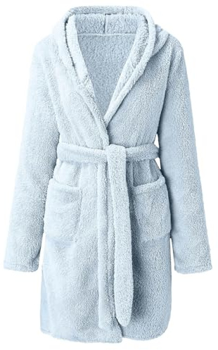 Albornoz de Invierno para Mujer con Capucha - Bata Corta Azul Cielo con Tiras en la Cintura y Bolsillo - para Casa, Hotel, Apartamento