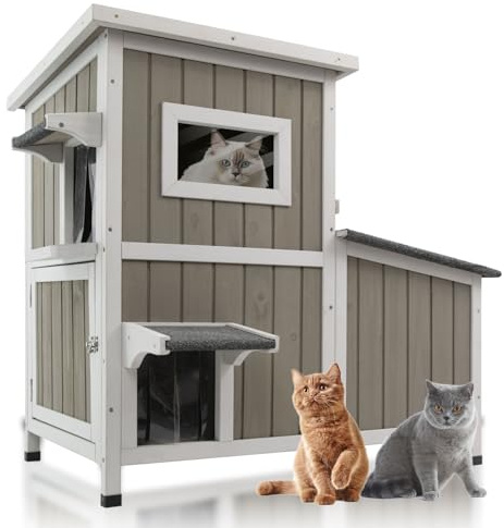MAGAZOOPET Outdoor Cat House Weatherproof, Two Story Wooden Feral Cat House Shelter with 3 Escape Door, Outside Cat Condo for Small Animals with Openable Asphalt Roof, Grey