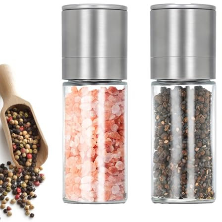 Macina Sale e Pepe 2 Set, Mini Macina Sale Pepe Macinasale, Macina Spezie in Acciaio Inox, Ruvidità Regolabile, Macina Sale a Ricarica, per Condimenti, Pepe, sale e Peperoncino, Argento