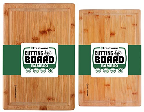 Freshware Freshware Bamboo Cutting Boards for Kitchen with Juice Groove [Set of 2] Wood Cutting Board for Chopping Meat, Vegetables, Fruits, Cheese, Knife Friendly Serving Tray with Handles
