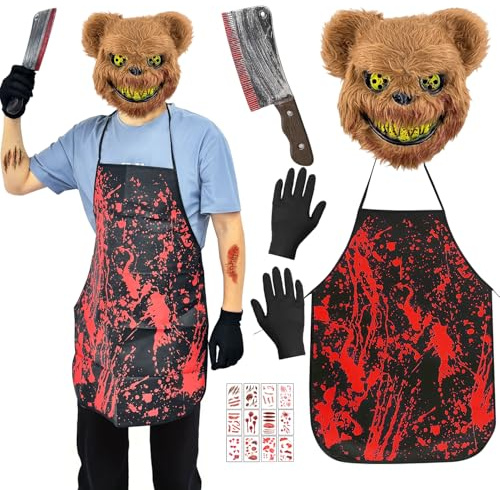 BITOYO Disfraz Halloween Terror, Disfraz Halloween Hombre con Mascara Oso, Delantal Ensangrentado, Guantes, Cuchillo Falso y Tatuaje Temporal, para Halloween Carnaval Fiesta de Disfraces
