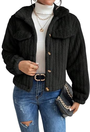 GORGLITTER Chaqueta de peluche para mujer, de invierno, mullida, de forro polar, con cuello alto, chaqueta de camisa con botones, chaqueta de invierno cálida de forro polar, Negro , M