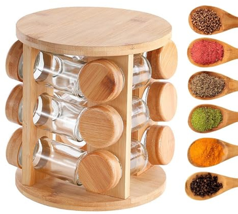Estante de especias de madera | Almacenamiento giratorio para tarros de especias para cocina | Soporte para sal y pimienta | Carrusel de condimentos que ahorra espacio