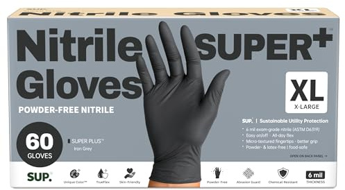 SUPER+ Black Nitrile Gloves HEAVY DUTY 6 Mil Disposable Chemical Resistant Powder & Latex Free Food Safe Medical Cooking Cleaning 60 Ct (X-Large)