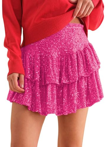Générique Jupe à Volants à Paillettes pour Femme - Taille Haute - Ourlet superposé - Mini Jupe Scintillante avec Short en Dessous