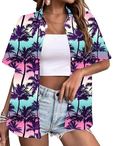 LAWOZZOS Hawaiian Shirts for Women Floral Blouse Tropic Button Down Shirt Summer Beach Short Sleeve Tops