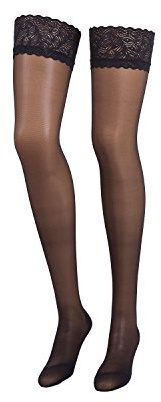 COMPRESSANA Calypso 70 den - Feinstrick Schenkelstrümpfe mit Spitzenhaftband - mittlere Stützwirkung mit 12-14 mmHg Kompression (Stütz-Klasse 2) - weich, luftig und transparent (appearance 20 den) - Größe V - Farbe schwarz - 1 Paar