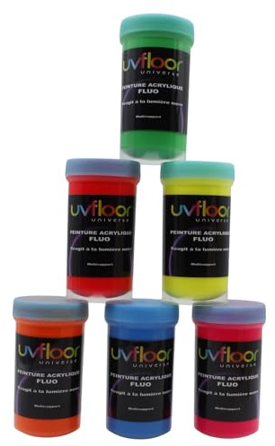 UV FLOOR - Starterset Fluo Acrylfarbe - Spezial Schwarzlicht Und Ultraviolett - Knallig - Fließend Und Hochpigmentiert - Fluoreszierend - 6 x 100ml