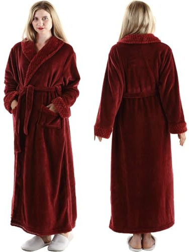 Dressing Gown Women Full Length Robe Plus Size Fleece Winter Warm Bathrobe, UK8-10(label M), Wine Red
