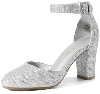 DREAM PAIRS Womens High Heels Closed Toe Court Shoes Block Ankle Strap Ladies Sandals for Wedding Angela,Silver Glitter Size 8/6 UK