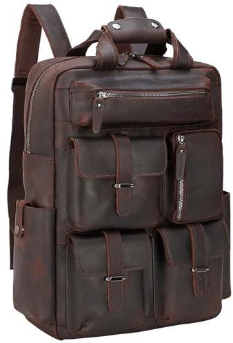 TIDING Leather Backpack for Men 15.6 Laptop Work Bag Vintage Business Rucksack Travel Hiking Shoulder Daypacks, Brown