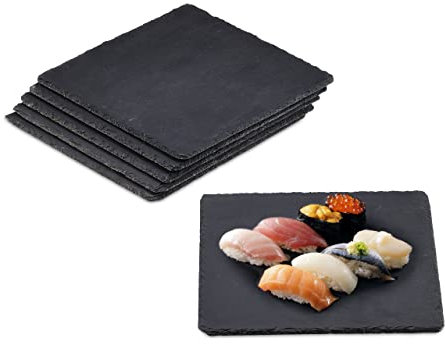relaxdays Plateau en ardoise, lot de 6, 25 x 25 cm, assiette de présentation, carré, plat de service, déco, anthracite