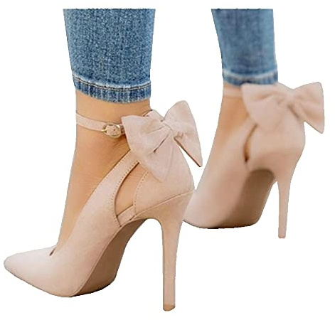 Fashare Womens High Heels Bow Tie Stiletto Ankle Strap Wedding Dress Pumps Shoes A-Beige