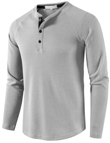 Herr vardaglig smart kraglös Henley-skjorta smal passform knapptopp lätt bekväm rund hals långärmade T-shirts, Light Grey, M