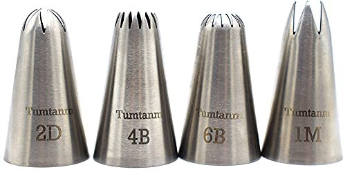 Tumtanm #1M #2D #4B #6B Große Spritztüllen, 4 Stück Edelstahl nahtlose Zuckerguss-Spritztüllen Set für Cupcakes und Backen