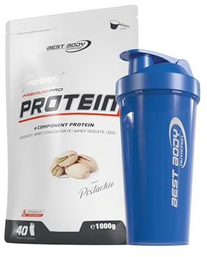 1kg Best Body Nutrition Gourmet 4 Komponenten Protein Eiweißshake - Set inkl. Protein Shaker/Gratiszugabe (Pistachio, Best Body Shaker - Blau)