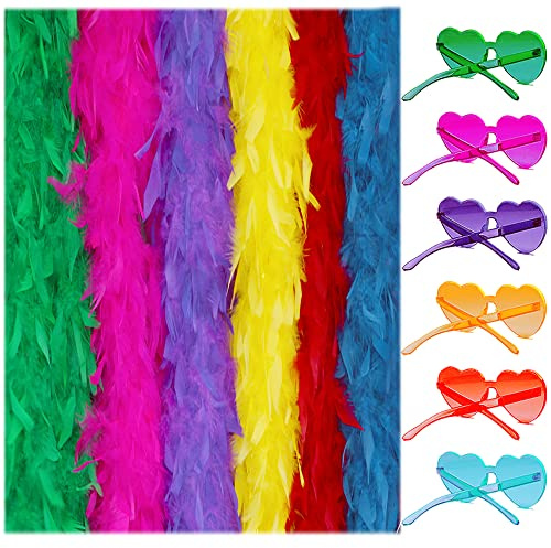 LIULIUBTY Piume colorate Flapper da donna Boa di piume colorate per feste 6 pezzi 6 6 piedi con occhiali da sole senza cornice Bomboniere festa danza vestire costume di carnevale ornamento 6 colori