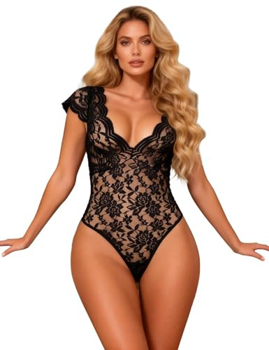 ohyeahlady Bodysuit for Women Going Out Stretch Lace Sexy Lingerie Naughty V Neck Body Suit Leotard Clubwear Tops,Black UK 12-14