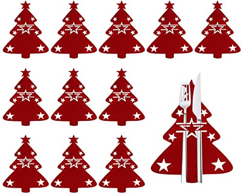 Dereine 12 Stück Weihnachtsbaum Besteckhalter, Bestecktasche Weihnachten, Besteckbeutel Weihnachten, Weihnachten Tischdeko für Besteck, Messer, Gabeln, Löffel