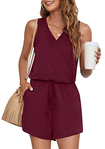 Leezepro Combinaisons Été Combishort sans Manches Rompers élastique Taille Jumpsuit avec Poches