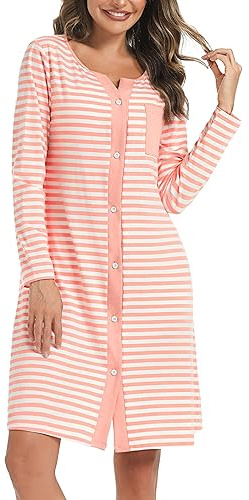 Marvmys Women's Long Nightgown Cotton Nightdress Stripe Nightshirt Long Sleeve V Neck Sleep Dress Soft Ladies Relaxed Nightshirt Sleepwear Pink L