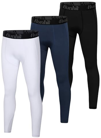 Runhit 3 Pack Boys Compression Leggings,Athletic Tights Basketball Compression Pants,Youth Boys Base Layer Pants Sports Legging Black+White+Navy Blue L