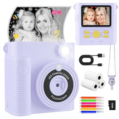 CKATE Appareil Photo pour Enfants à Impression instantanée avec 2 obturateurs, Carte SD HD 1080p 32 Go pour Enfants, Joli Cadeau pour Filles et garçons de 3 à 12 Ans – Violet rêve