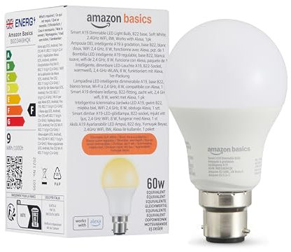 Amazon Basics Smart A60 Dimmable LED Light Bulb, B22 Base, Soft White, 2.4GHz WiFi, 8W, Works with Alexa Only, 1 Pack