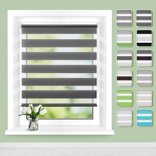 Doppelrollo Klemmfix ohne Bohren B65 x H200cm(Stoffbreite 61cm) Anthrazit, Rollos für Fenster ohne Bohren, Klemmrollos mit Lichtdurchlässig & Verdunkelnd, Seitenzugrollo Sonnenschutz Rollo