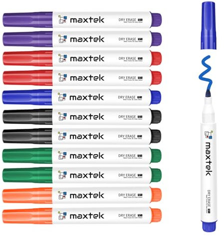 maxtek Whiteboard Marker, 12 Whiteboard Stifte Abwischbar, Rundspitze, ca. 2mm Linienbreite, Trocken und Rückstandsfrei Abwischbar von Whiteboards, Hohe Qualität, Set mit 6 Farben