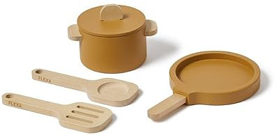 Flexa Topf & Pfanne - Kinderküche Zubehör Holz | Küchenzubehör Kinder | Spielküche Zubehör | Küchen Spielzeug für Rollenspiele Mädchen & Jungen ab 3 Jahren (Farbe: Mustard)