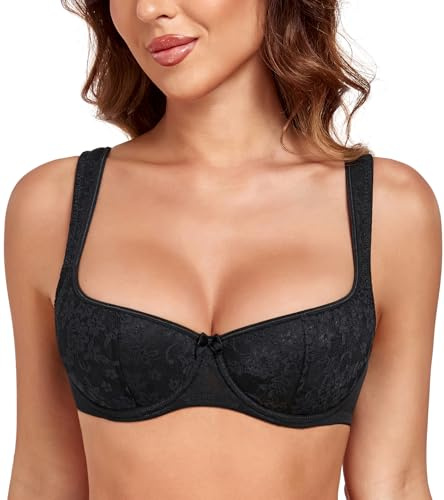 Lemorosy Sujetador Balconette Push Up con Aros Mujer Encaje (Negro,85E)