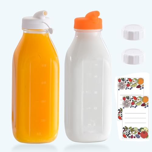 Restorgan Glass Milk Bottles with Lids, 2Pcs 1000ml/33.8oz Glass Juice Bottles, Reusable Glas Juice Storage Bottle with Pour Spout for Fridge