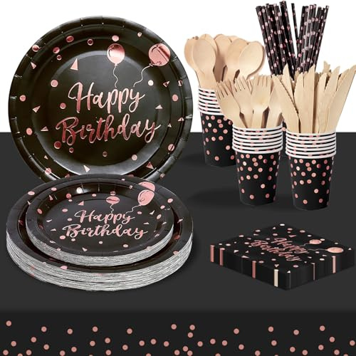 PYAILI Cumpleaños Vajilla de Fiesta,193 Pcs Oro Rosa Negro Vajilla Set Platos Fiesta Tazas Servilletas Cuchillos Tenedores Cuchara y Mantel, para todo tipo de Fiestas Temáticas -24 invitados