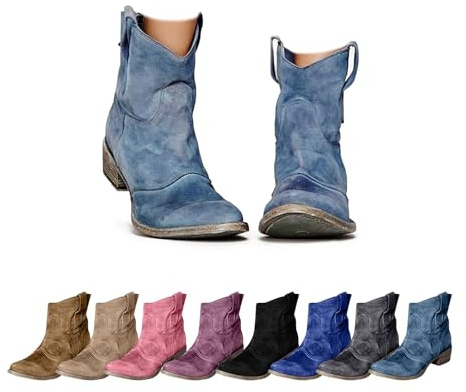 Stivaletti da cowboy alla caviglia da donna, con punta rotonda e tacco grosso, stivaletti corti in pelle scamosciata, alla moda retrò con tacco basso, Azzurro, 45 EU