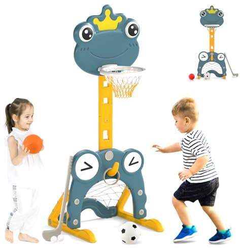 HOMASIS 4 in 1 Kinder Basketballkorb Set, multifunktional Basketballständer mit Fußballtor & Golf & Ringwurf, höhenverstellbar Basketballkorb mit Ständer inkl. Bälle & Golfschläger (Frosch)