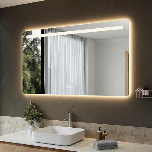 SIRHONA Miroir Salle de Bain avec Eclairage 120x70cm, Anti-buée, 3 Couleurs, Dimmable, Mémoire, Miroir Lumineux Salle de Bain, Douille, Étanche Ip44, Rétroéclairage