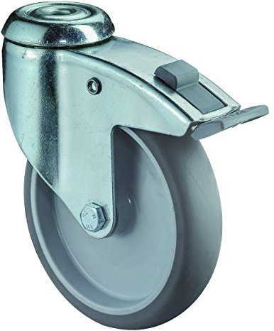 BS Rollen C121.A80.125 Ruedas para aparatos pesados, con tope para suelos duros, orificio trasero, rueda de goma, 125 mm, color azul/gris