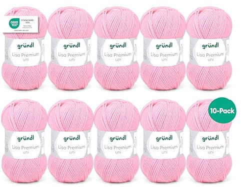 Gründl Lisa Premium Uni stick- och virkgarn (mjuk och ulliknande karaktär, lättvårdat tvättbart stickgarn tillverkat av 100% polyakryl, 50 g/133 m, nåltjocklek: 3,5–4,5, 10 nystan á 50 g), babyrosa