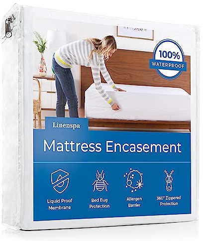 Linenspa Zippered Mattress Encasement – Full XL Size Waterproof Mattress Protector – Quiet Cover & Complete protection – Dorm Room Essentials, White